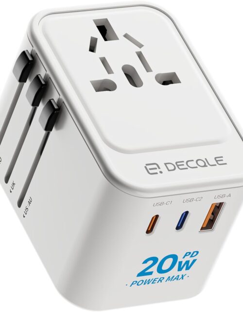 Universal Travel Adapter, International Travel Plug Adapter with 2 USB-C(PD 20W) & 1 USB-A Ports, All in One Portable Adaptor, for USA, UK, EU, AU & 224+ Countries (White) US