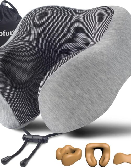 napfun Neck Pillow for Traveling, Upgraded Travel Neck Pillow for Airplane 100% Pure Memory Foam Travel Pillow for Flight Headrest Sleep, Portable Plane Accessories, Light Grey