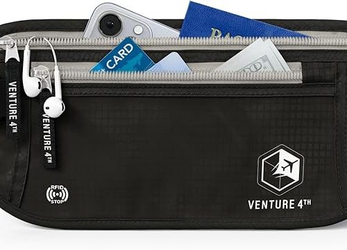 VENTURE 4TH Money Belt for Travel – Hidden Under-Clothes RFID Blocking Passport Holder & Slim Travel Wallet Pouch for Men & Women to Protect Cash, Cards & Documents (Black)